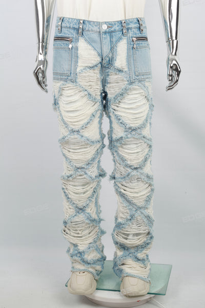 Men's Light Blue Diamond Patch Distressed Jeans
