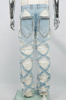 Men's Light Blue Diamond Patch Distressed Jeans