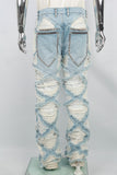 Men's Light Blue Diamond Patch Distressed Jeans