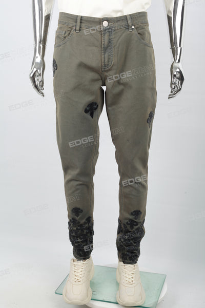 Men's military green leather patch embroidered Skinny casual pants
