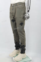 Men's military green leather patch embroidered Skinny casual pants