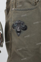 Men's military green leather patch embroidered Skinny casual pants