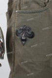 Men's military green leather patch embroidered Skinny casual pants