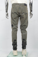 Men's military green leather patch embroidered Skinny casual pants