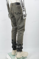 Men's military green leather patch embroidered Skinny casual pants