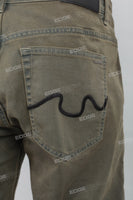 Men's military green leather patch embroidered Skinny casual pants