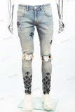 Blue Washed Tattered Embroidered Skinny Jeans