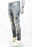 Blue Washed Tattered Embroidered Skinny Jeans