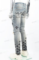 Blue Washed Tattered Embroidered Skinny Jeans