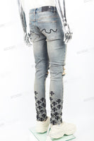 Blue Washed Tattered Embroidered Skinny Jeans