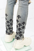 Blue Washed Tattered Embroidered Skinny Jeans