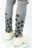 Blue Washed Tattered Embroidered Skinny Jeans