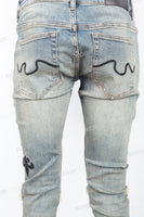 Blue Washed Tattered Embroidered Skinny Jeans