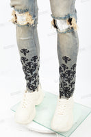 Blue Washed Tattered Embroidered Skinny Jeans