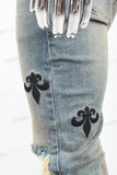 Blue Washed Tattered Embroidered Skinny Jeans