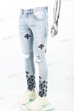 Light Blue Tattered Embroidered Skinny Jeans