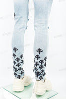 Light Blue Tattered Embroidered Skinny Jeans