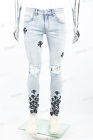 Light Blue Tattered Embroidered Skinny Jeans