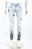 Light Blue Tattered Embroidered Skinny Jeans