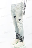 Light blue distressed rewashed tattered embroidered Skinny Jeans
