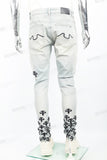 Light blue distressed rewashed tattered embroidered Skinny Jeans