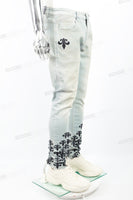 Light blue distressed rewashed tattered embroidered Skinny Jeans