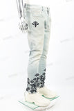 Light blue distressed rewashed tattered embroidered Skinny Jeans