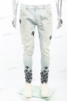 Light blue distressed rewashed tattered embroidered Skinny Jeans