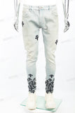 Light blue distressed rewashed tattered embroidered Skinny Jeans
