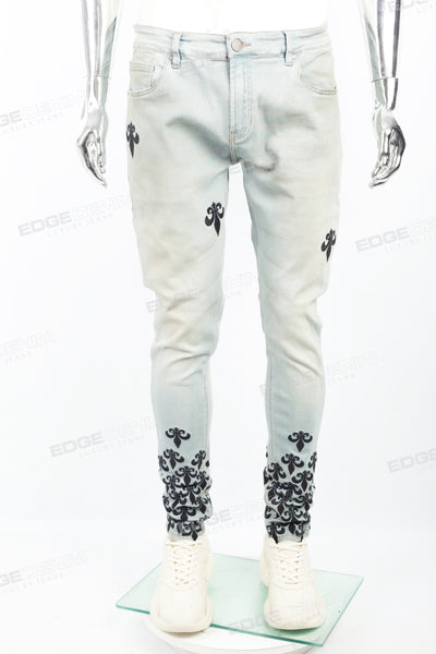 Light blue distressed rewashed tattered embroidered Skinny Jeans