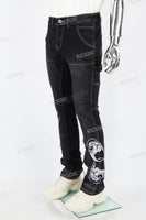Black embroidered patchwork flared overalls
