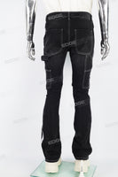 Black embroidered patchwork flared overalls