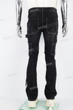 Black embroidered patchwork flared overalls