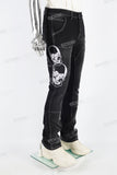 Black embroidered patchwork flared overalls
