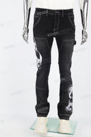 Black embroidered patchwork flared overalls