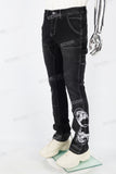 Black embroidered patchwork flared overalls