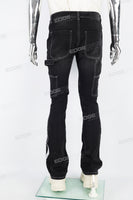 Black embroidered patchwork flared overalls