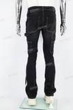 Black embroidered patchwork flared overalls