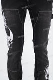 Black embroidered patchwork flared overalls