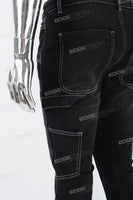 Black embroidered patchwork flared overalls