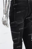 Black embroidered patchwork flared overalls