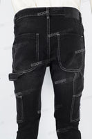 Black embroidered patchwork flared overalls