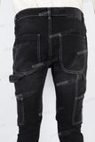 Black embroidered patchwork flared overalls