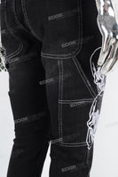 Black embroidered patchwork flared overalls