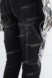 Black embroidered patchwork flared overalls