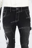 Black embroidered patchwork flared overalls