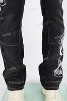 Black embroidered patchwork flared overalls
