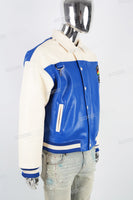 Blue and white leather embroidered baseball jacket