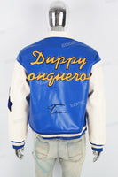 Blue and white leather embroidered baseball jacket