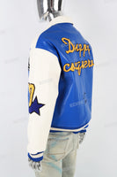 Blue and white leather embroidered baseball jacket
